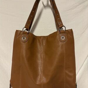 Chic Large Tan Leather Expandable Tote Bag with Studs on Handle